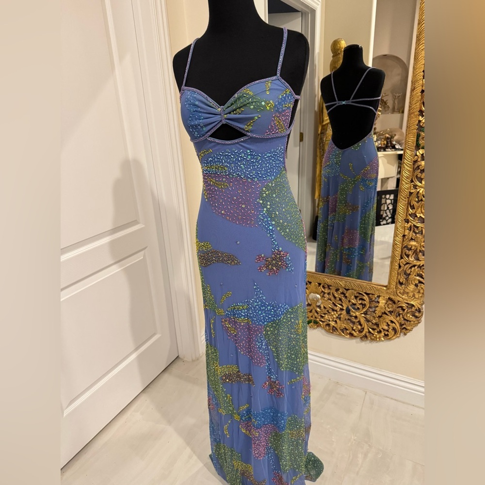 Elegant Blue Floral hand beaded Maxi Dress - Picture 5 of 8